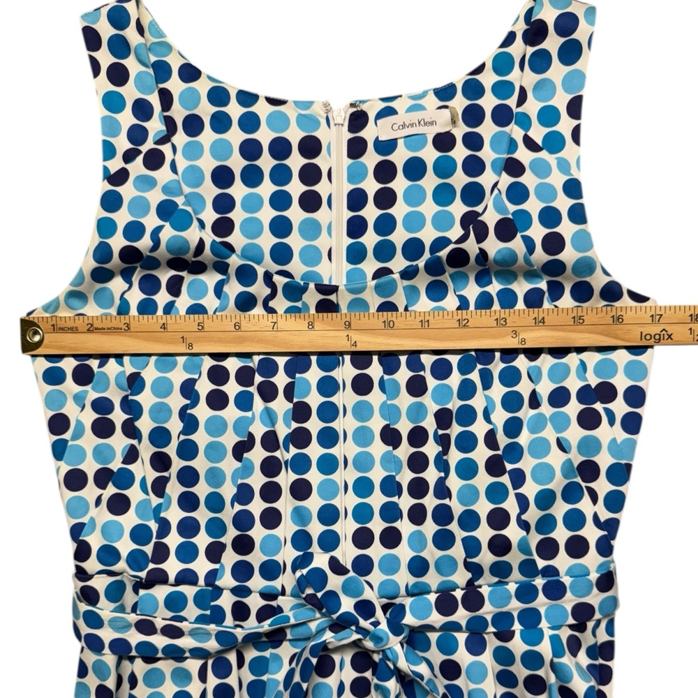Calvin Klein Retro Blue Polka Dot Fit & Flare Dress Sleeveless Belted Size 6 - Picture 6 of 12